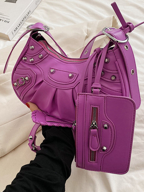 Rivet Pleated PU Shoulder Messenger Bag