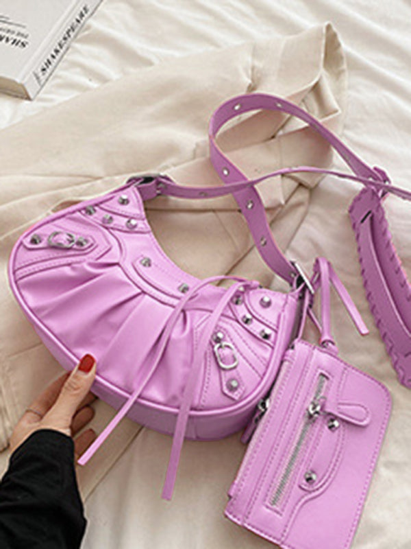 Rivet Pleated PU Shoulder Messenger Bag