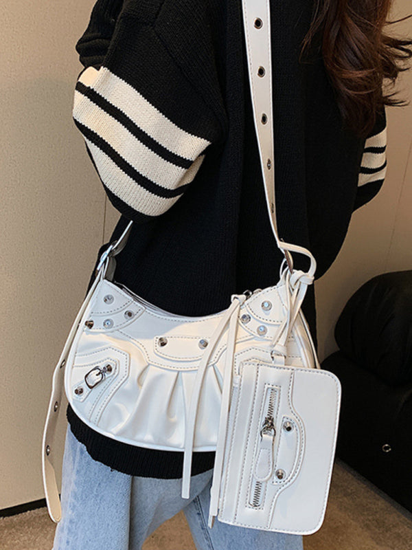 Rivet Pleated PU Shoulder Messenger Bag