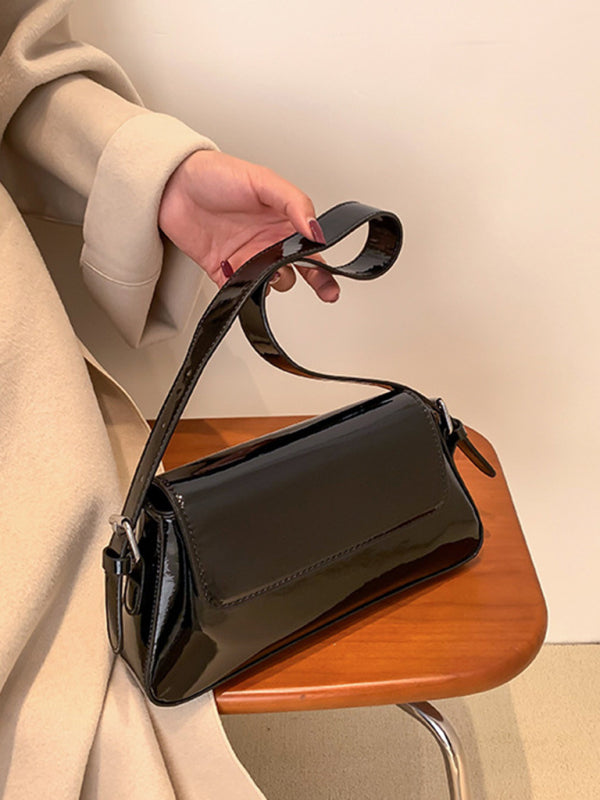 Glossy Patent Leather Baguette Shoulder Bag
