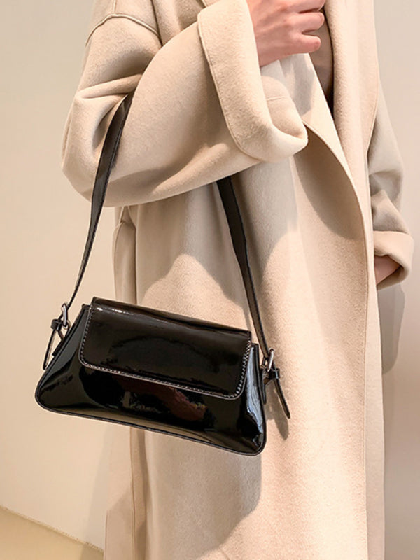 Glossy Patent Leather Baguette Shoulder Bag