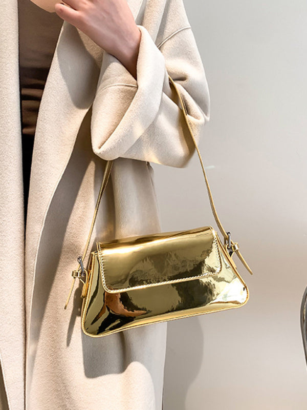 Glossy Patent Leather Baguette Shoulder Bag