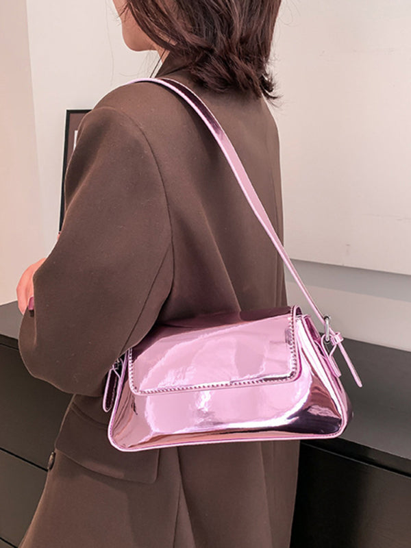 Glossy Patent Leather Baguette Shoulder Bag