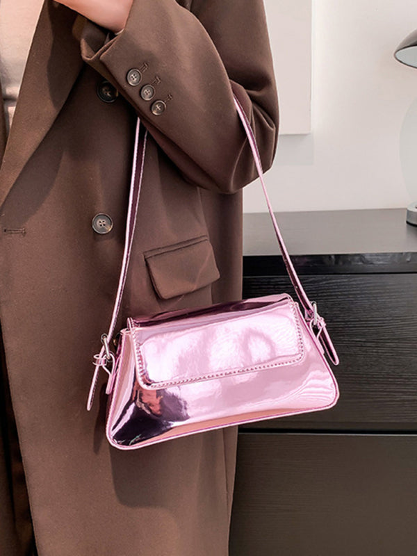 Glossy Patent Leather Baguette Shoulder Bag