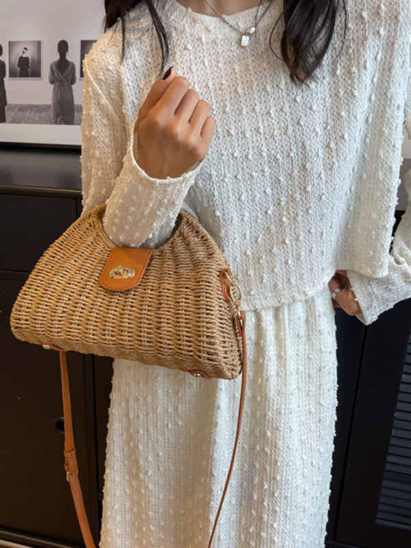 Mori Style Straw Colorblock Tote Bag