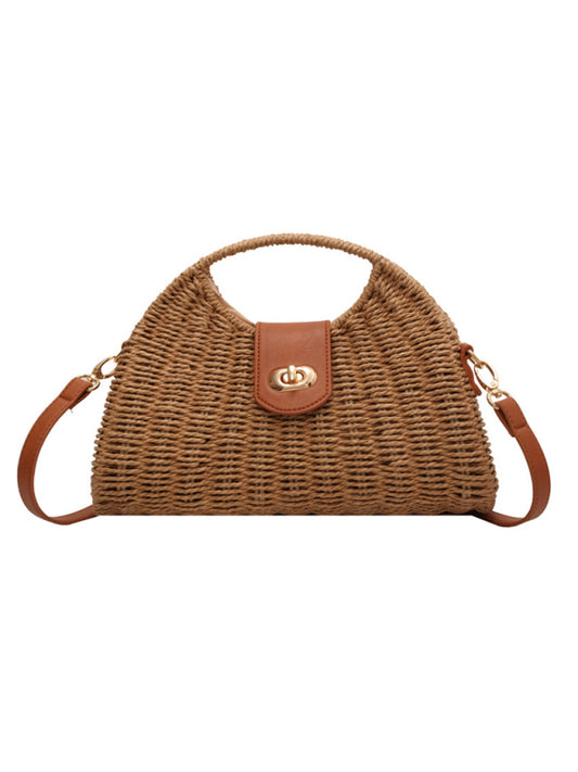 Mori Style Straw Colorblock Tote Bag