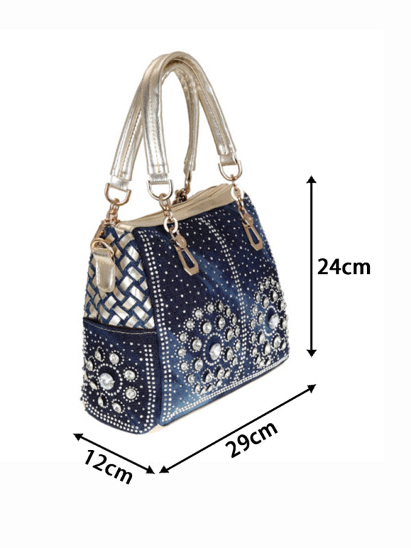 Denim Canvas Diamond Crossbody Tote Bag