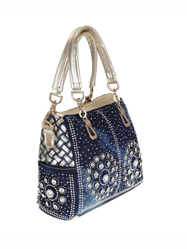 Denim Canvas Diamond Crossbody Tote Bag