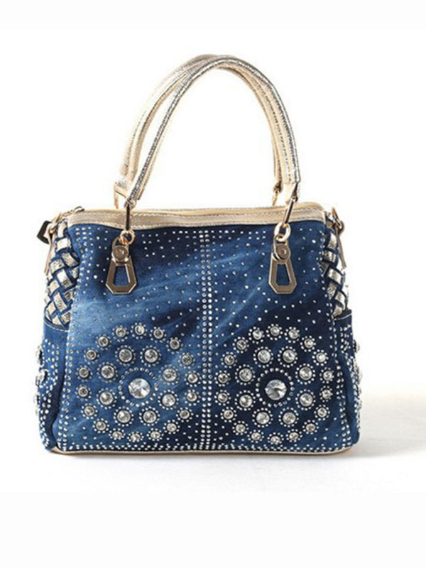 Denim Canvas Diamond Crossbody Tote Bag