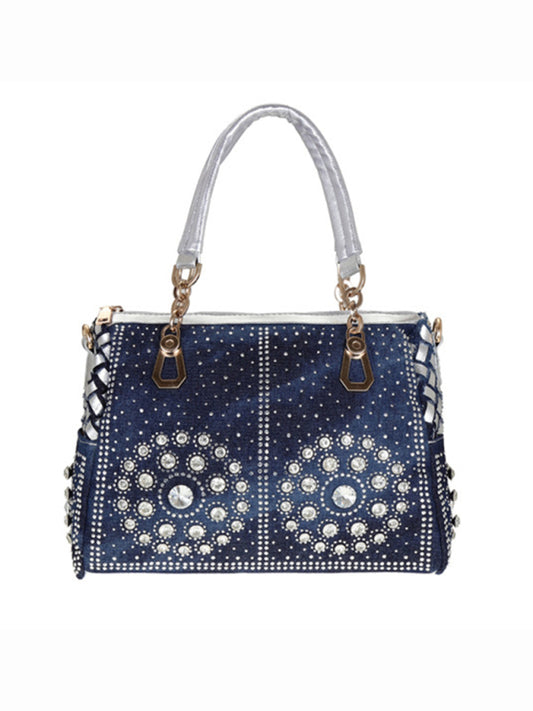 Denim Canvas Diamond Crossbody Tote Bag