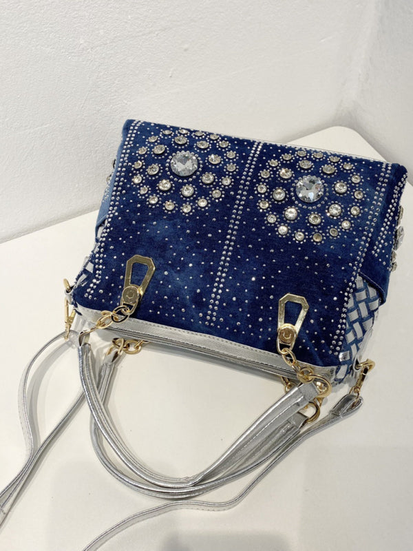 Denim Canvas Diamond Crossbody Tote Bag