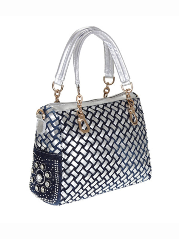 Denim Canvas Diamond Crossbody Tote Bag
