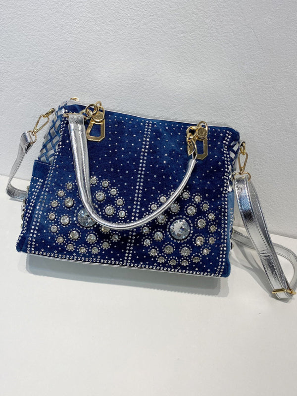 Denim Canvas Diamond Crossbody Tote Bag