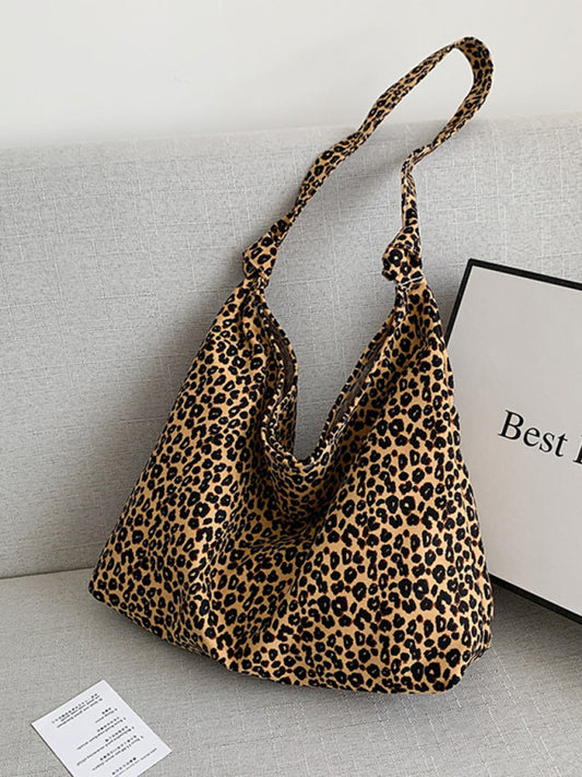 Leopard Print Canvas Shoulder Tote Bag