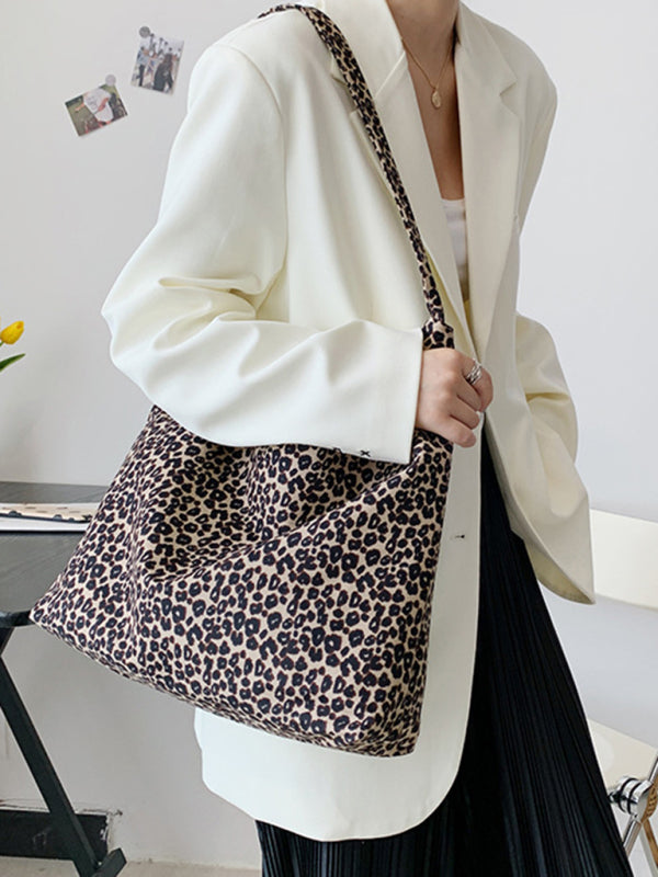 Leopard Print Canvas Shoulder Tote Bag
