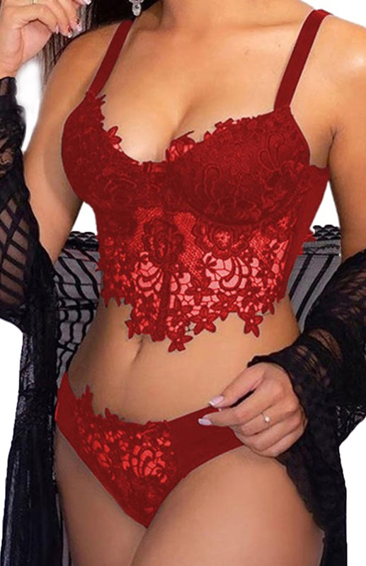Lace Crochet Spaghetti Strap Bra & Thong Lingerie Set – Sexy & Elegant