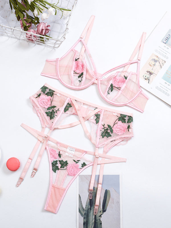 Embroidered Lace Mesh Lingerie 3-Piece Set – Floral, Sheer & Elegant