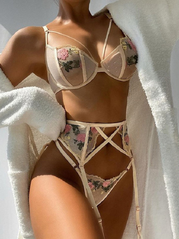 Embroidered Lace Mesh Lingerie 3-Piece Set – Floral, Sheer & Elegant