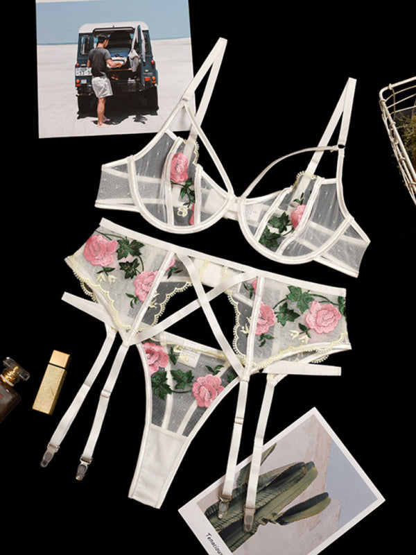 Embroidered Lace Mesh Lingerie 3-Piece Set – Floral, Sheer & Elegant