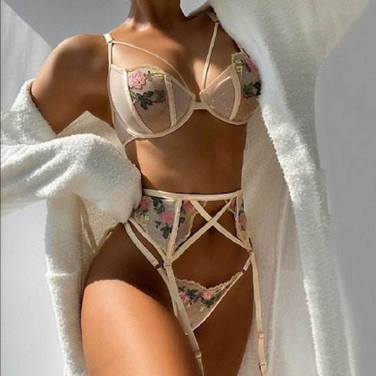 Embroidered Lace Mesh Lingerie 3-Piece Set – Floral, Sheer & Elegant
