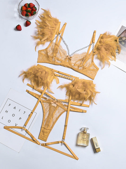 Lace Feather Four-Piece Lingerie Set – Sleeveless, Elegant, Sexy Fit
