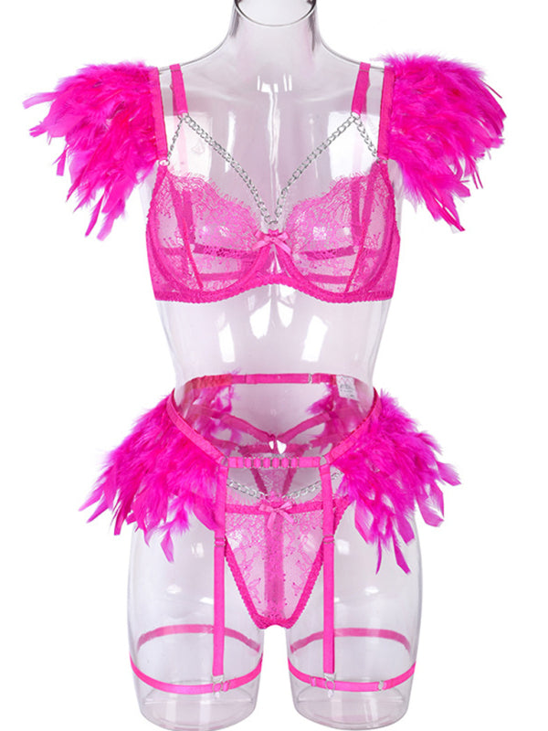 Lace Feather Four-Piece Lingerie Set – Sleeveless, Elegant, Sexy Fit
