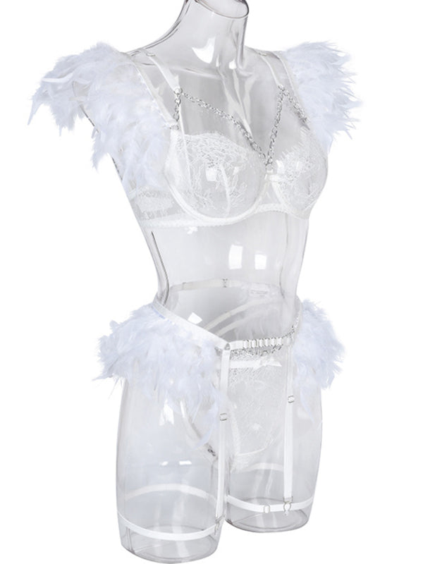 Lace Feather Four-Piece Lingerie Set – Sleeveless, Elegant, Sexy Fit
