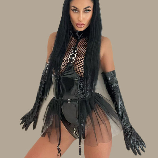 PU Leather Grid-Spliced Halter Neck Bodysuit – Sexy Sleeveless Lingerie