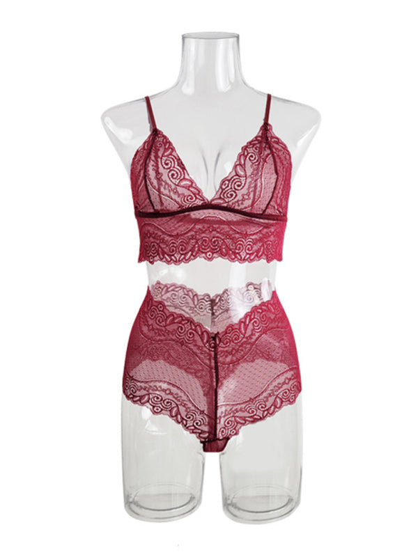 Sexy Mesh Lace Four-Piece Lingerie Set – Sheer Long Robe, Bra, Panty & Shorts