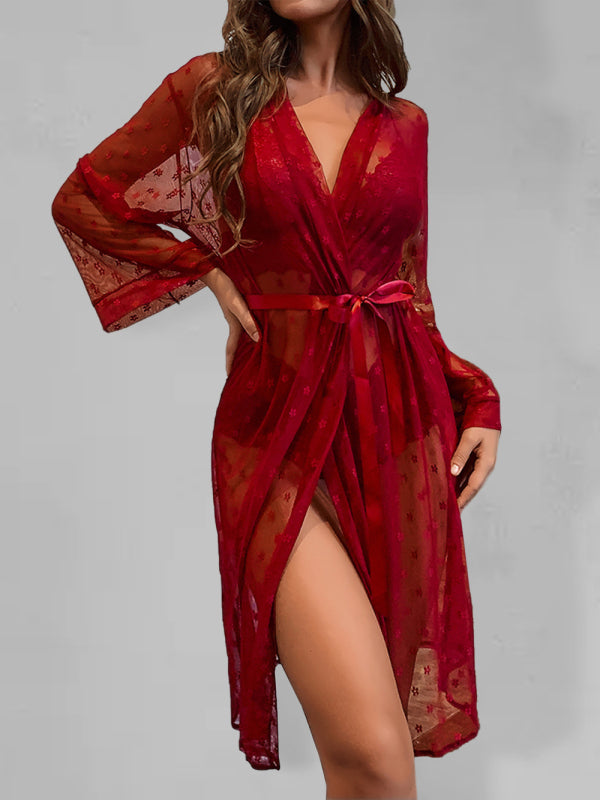Sexy Mesh Lace Four-Piece Lingerie Set – Sheer Long Robe, Bra, Panty & Shorts