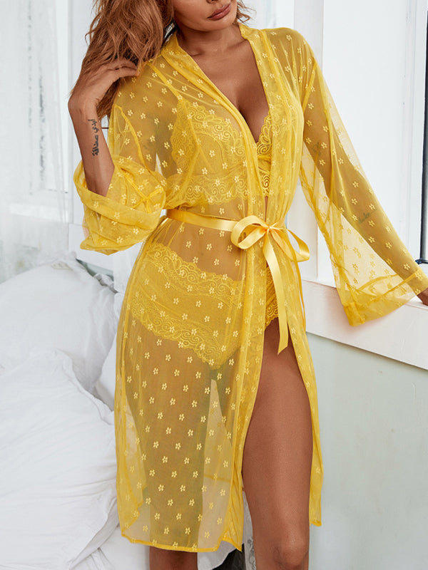 Sexy Mesh Lace Four-Piece Lingerie Set – Sheer Long Robe, Bra, Panty & Shorts