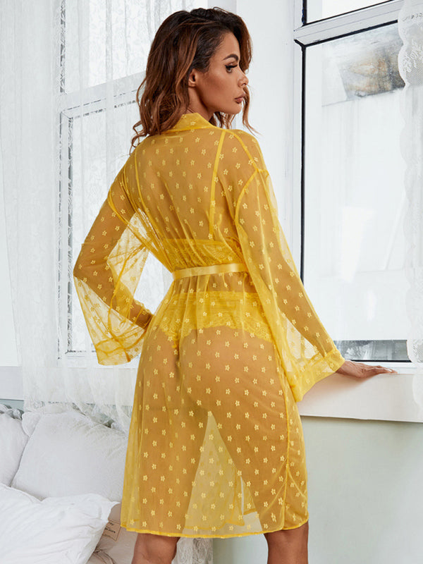Sexy Mesh Lace Four-Piece Lingerie Set – Sheer Long Robe, Bra, Panty & Shorts