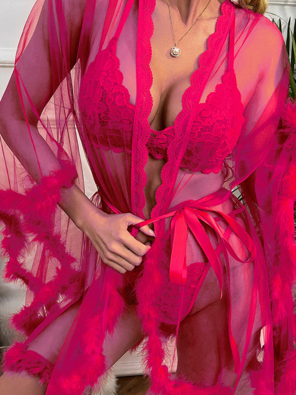 Sheer Mesh Feather Nightgown – Elegant See-Through Lace Lingerie