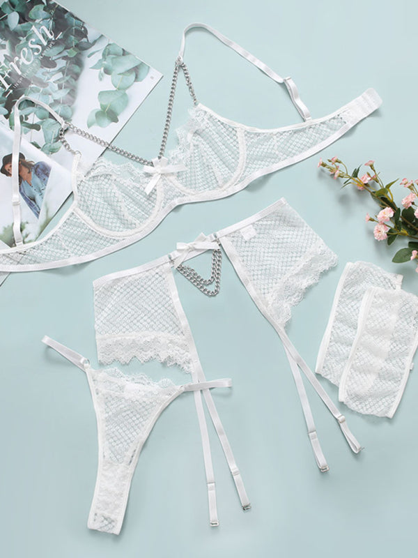 Lace Mesh High-Waisted Lingerie Set – Sleeveless See-Through Set with Metal Chain