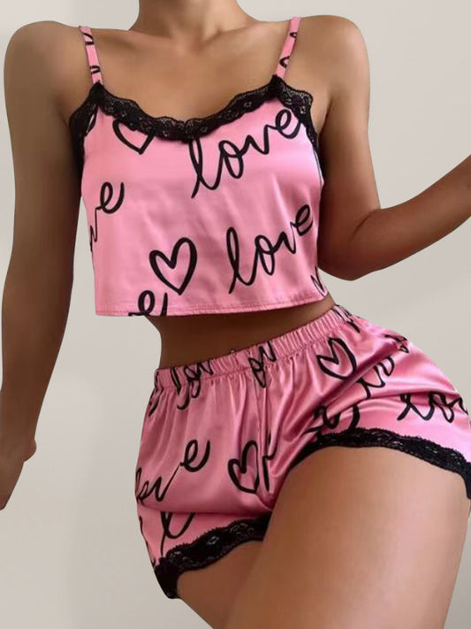 Love Heart Print Lace Pajama Set – Sleeveless V-Neck Top & Shorts