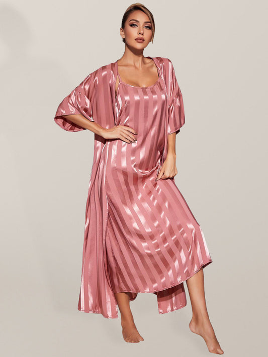 Striped Sleeveless Long Nightgown Pajama Set – V-Neck Loungewear