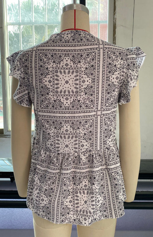 Boho Floral V-Neck Short Sleeve Blouse