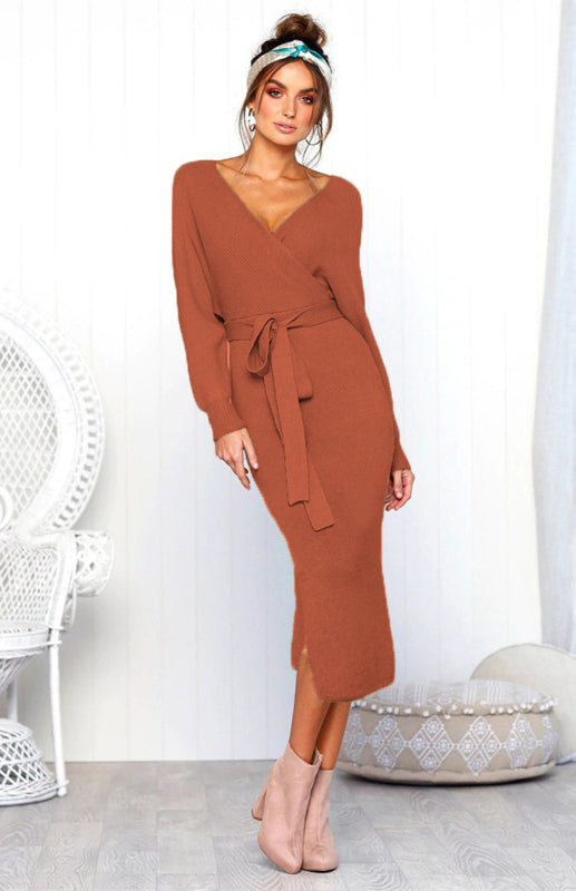 Long-Sleeve V-Neck Lace-Up Midi Dress – Elegant Slim Fit with Belt