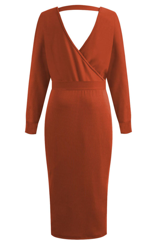 Long-Sleeve V-Neck Lace-Up Midi Dress – Elegant Slim Fit with Belt