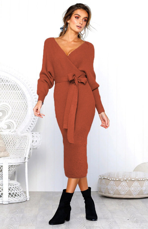 Long-Sleeve V-Neck Lace-Up Midi Dress – Elegant Slim Fit with Belt