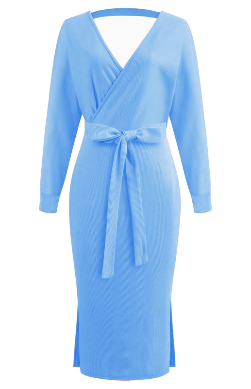 Long-Sleeve V-Neck Lace-Up Midi Dress – Elegant Slim Fit with Belt