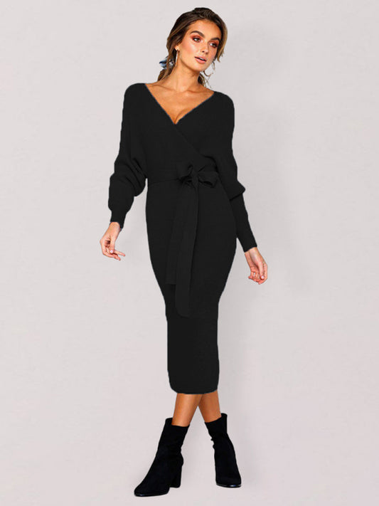 Long-Sleeve V-Neck Lace-Up Midi Dress – Elegant Slim Fit with Belt