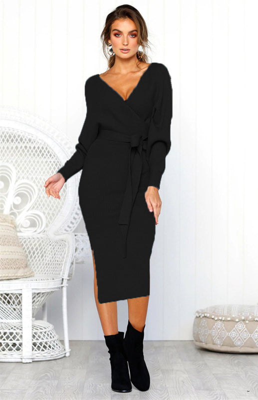 Long-Sleeve V-Neck Lace-Up Midi Dress – Elegant Slim Fit with Belt