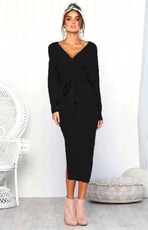 Long-Sleeve V-Neck Lace-Up Midi Dress – Elegant Slim Fit with Belt