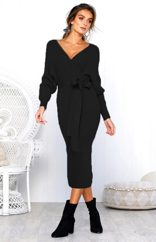 Long-Sleeve V-Neck Lace-Up Midi Dress – Elegant Slim Fit with Belt