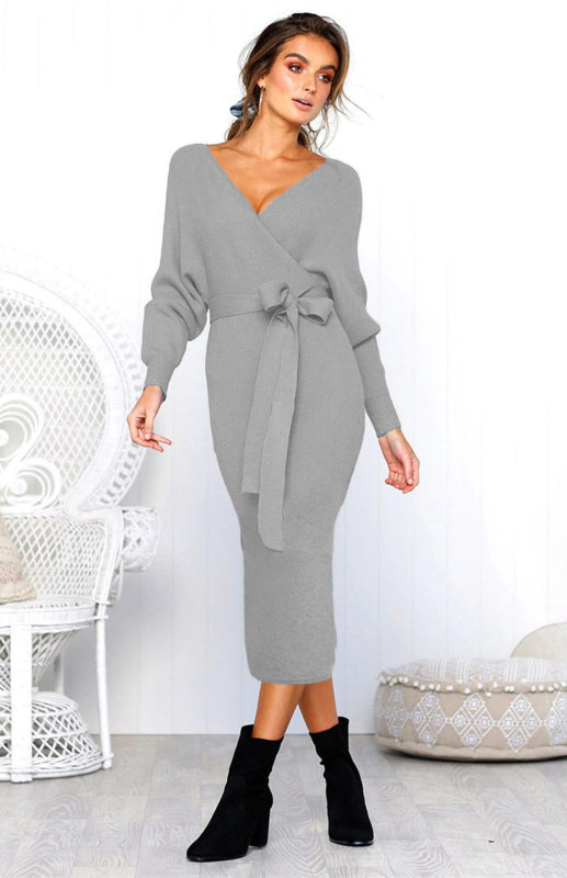 Long-Sleeve V-Neck Lace-Up Midi Dress – Elegant Slim Fit with Belt