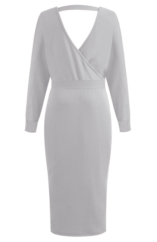 Long-Sleeve V-Neck Lace-Up Midi Dress – Elegant Slim Fit with Belt