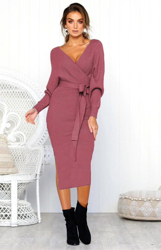 Long-Sleeve V-Neck Lace-Up Midi Dress – Elegant Slim Fit with Belt
