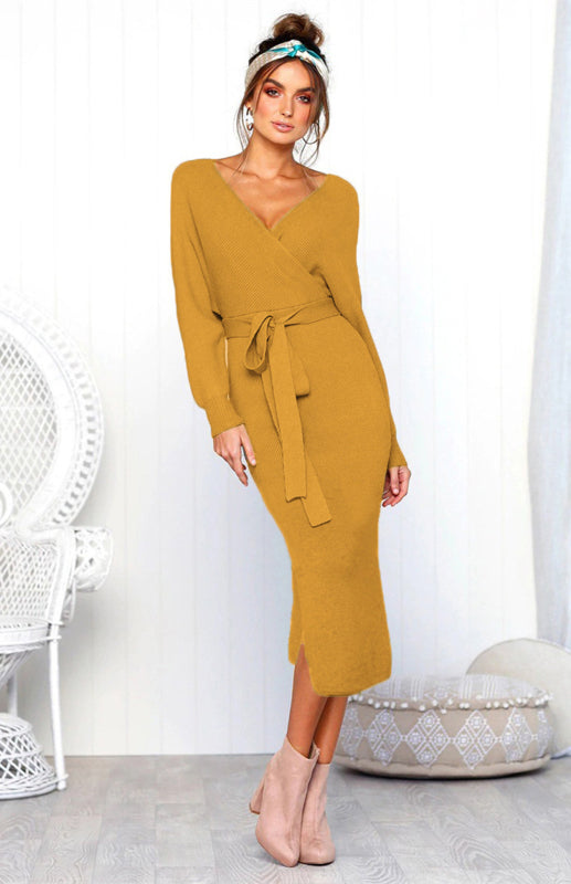 Long-Sleeve V-Neck Lace-Up Midi Dress – Elegant Slim Fit with Belt