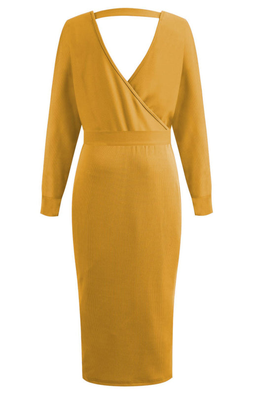 Long-Sleeve V-Neck Lace-Up Midi Dress – Elegant Slim Fit with Belt